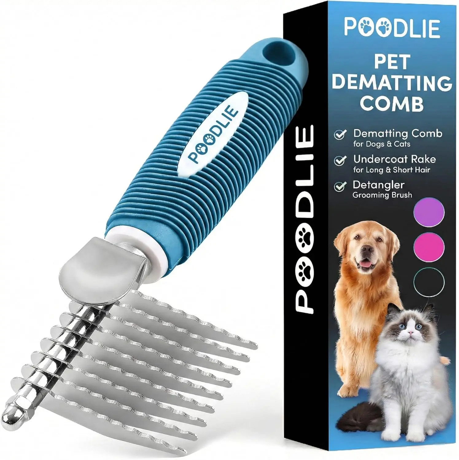 

Long Steel Dematting Comb for Dogs and Cats - Safe 2.5" Blades to Remove Tangles and Mats