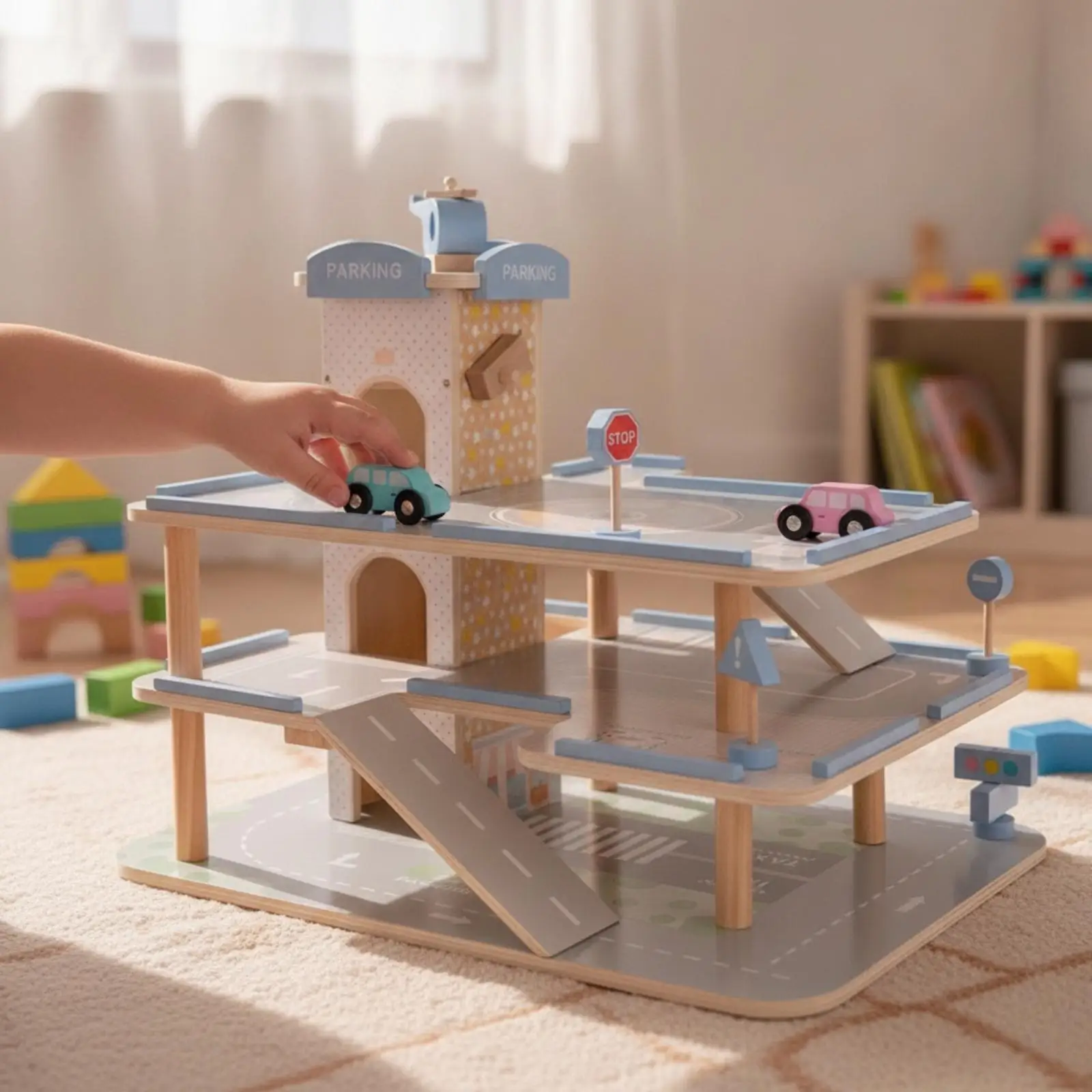 Wooden Parking Garage Multi-Level Wooden Toy Car Garage Compact for Preschoolers