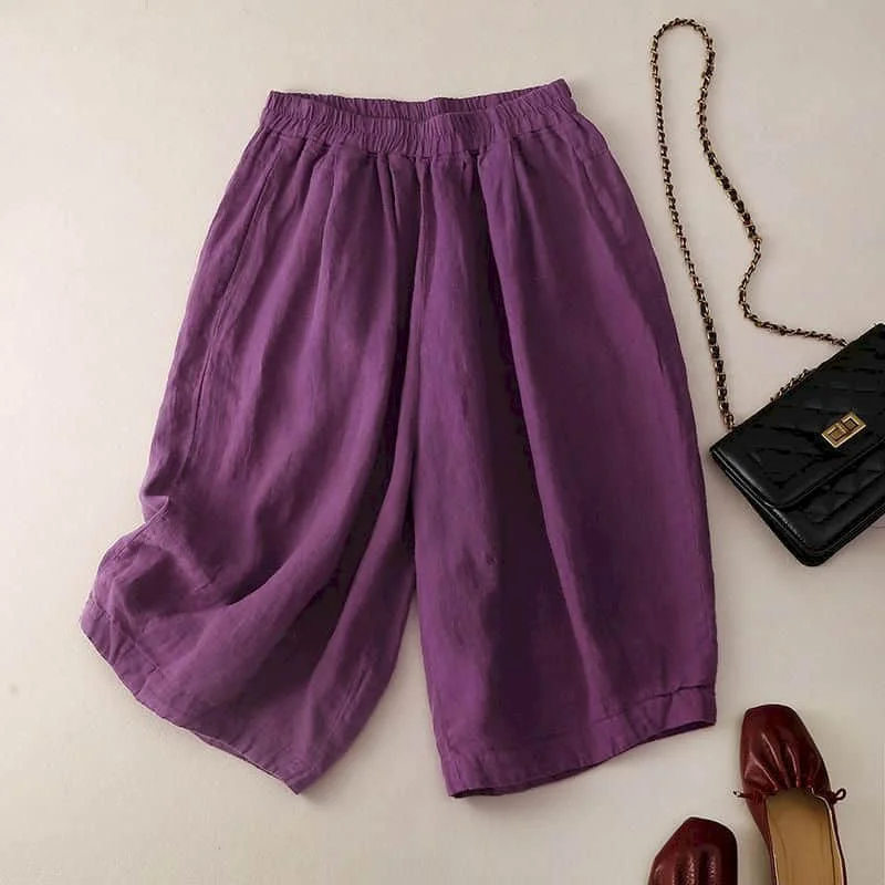 Solid Shorts Casual 2026 Summer Vintage Cotton-linen Straight Pants Casual Elastic Waist Five-point Shorts Loose Women Clothing