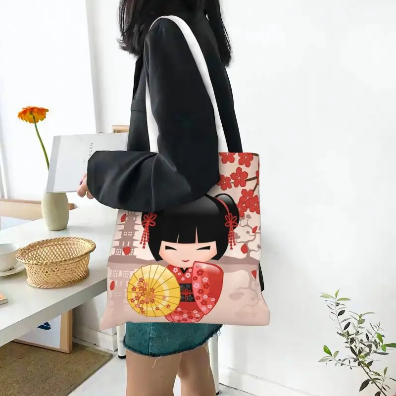 Custom Japanese Red Sakura Kokeshi Doll Grocery Shopping Bags Canvas Shopper Tote Shoulder Bag Girly Cherry Blossom Handbag