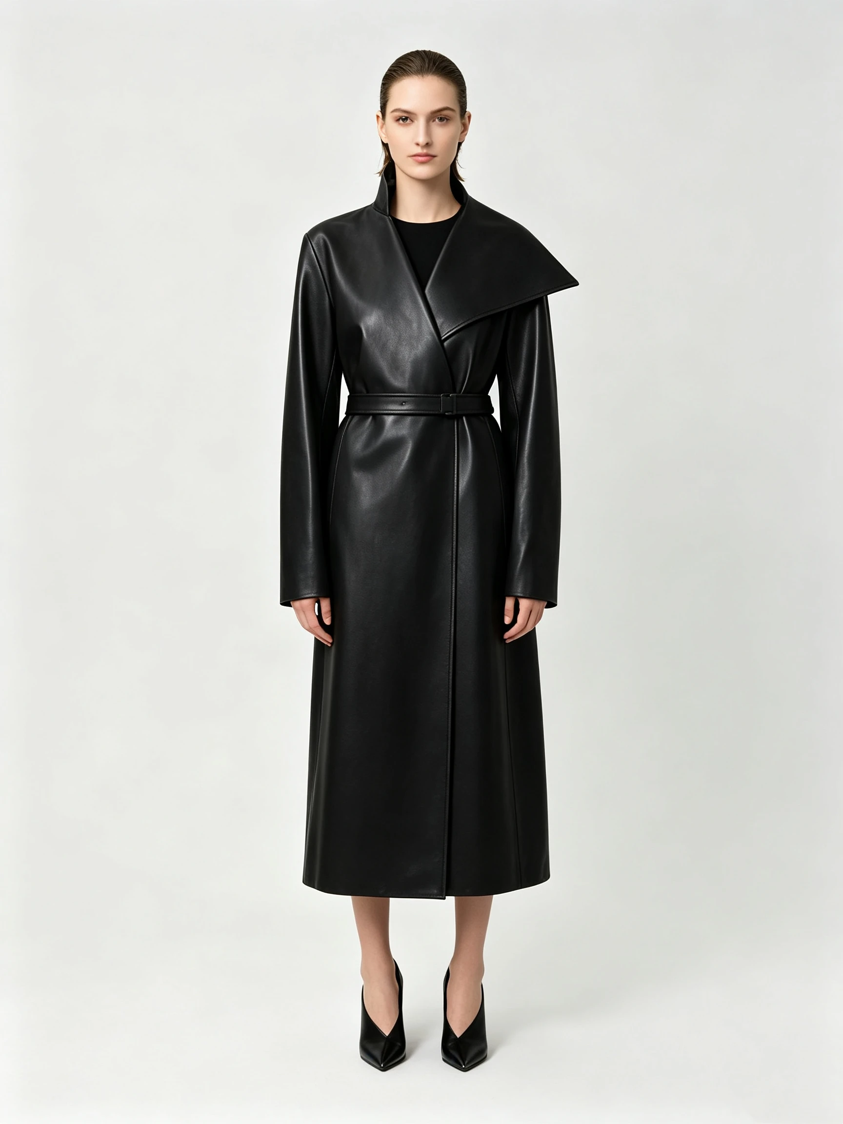 Women's Faux Leather Long Coat with Oversized Collar and Cinched Waist