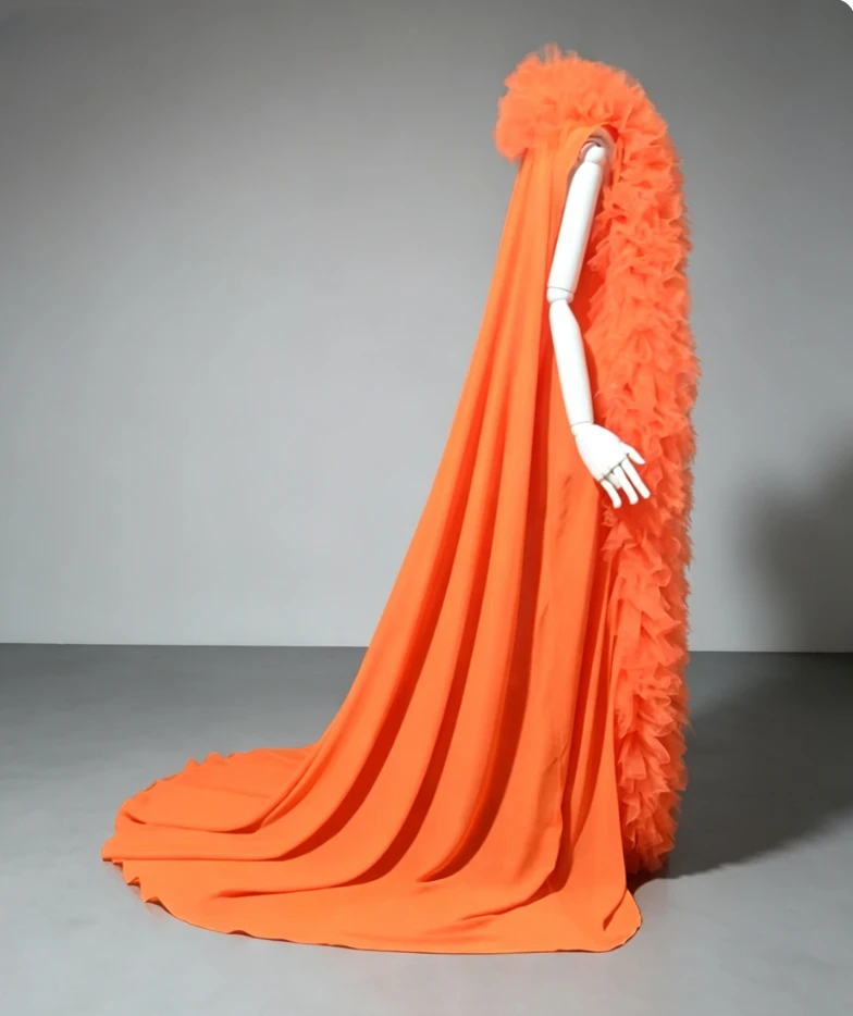 Chiffon Sleeveless Dress with Fluffy Tulle Trim, Elegant Orange Party Gown with Long Train, Formal Evening Prom Dress for Women