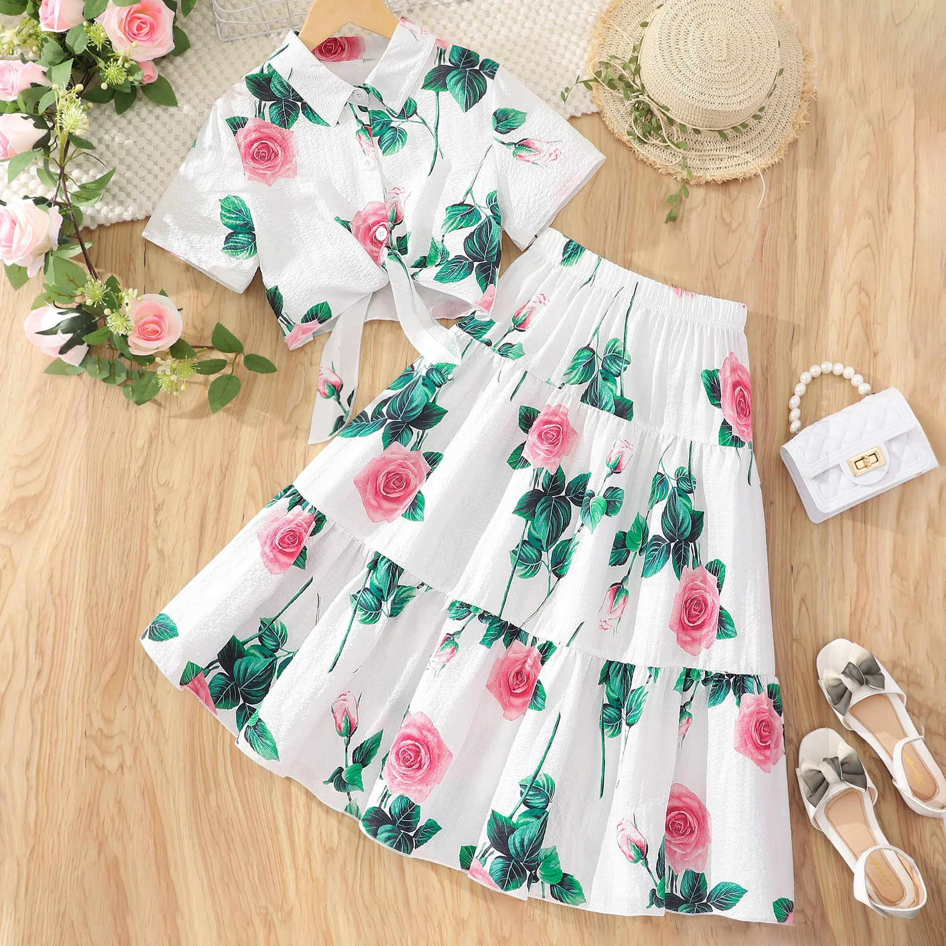 Summer Rose Clothing - Meisjes 2-delige outfitset met rozenbloemenprint, korte