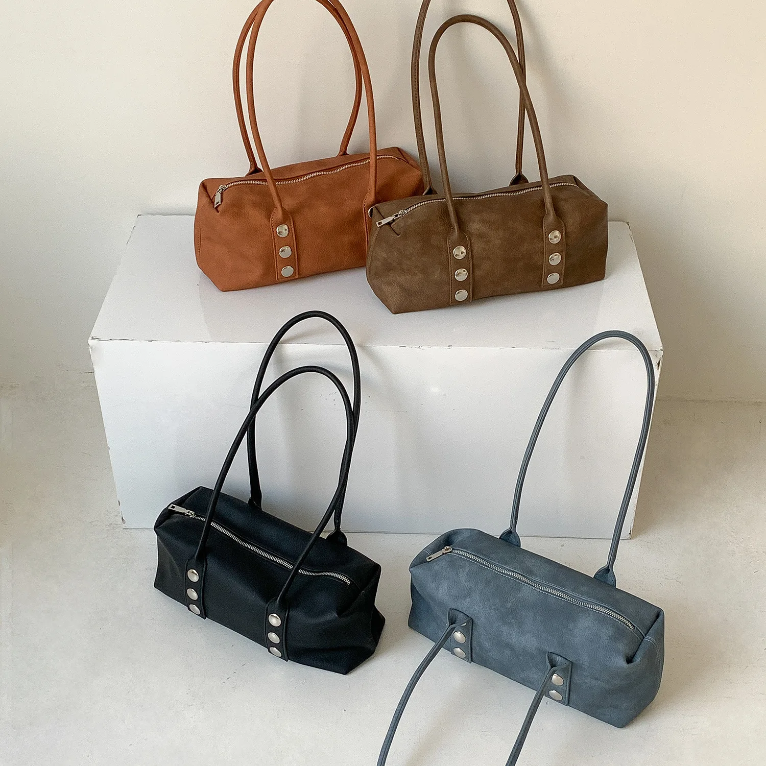 

2026 Women handbags PU Leather shoulder bag fashion rivet female Totes ladies Underarm bag