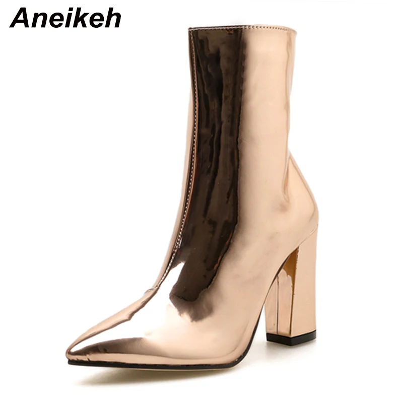 Aneikeh 2025 Spring Fashion Silver Patent Leather Women Ankle Boots Pointed Toe Square High Heels Shoes Chelsea Botas De Mujer