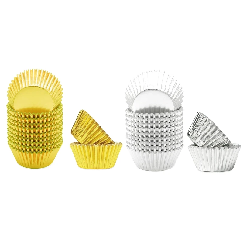 A74E-Mini 500 Uds. Revestimientos para cupcakes de lámina plateada para hornear tazas gruesas y resistentes, resistentes al aceite, papel de revestimiento para muffins