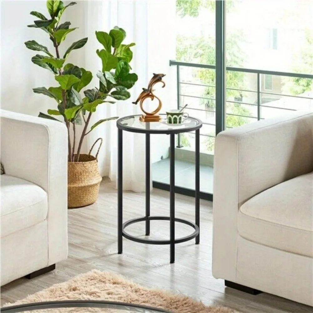 

Round Tall End Table with Glass Top and Metal Frame Sofa Side Table Living Room