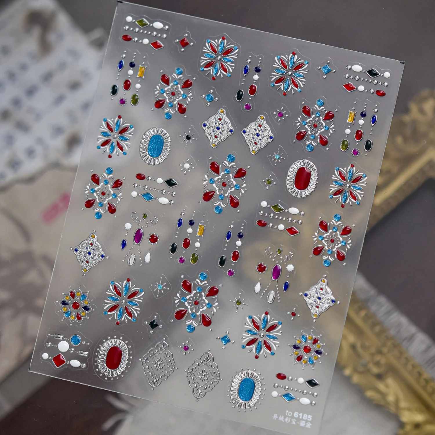 Retro Bohemian 5D Nail Art Stickers Faux Color Gemstone Gilded Metal Carving Frame Rhombus Vintage Badge Self Adhesive Manicure