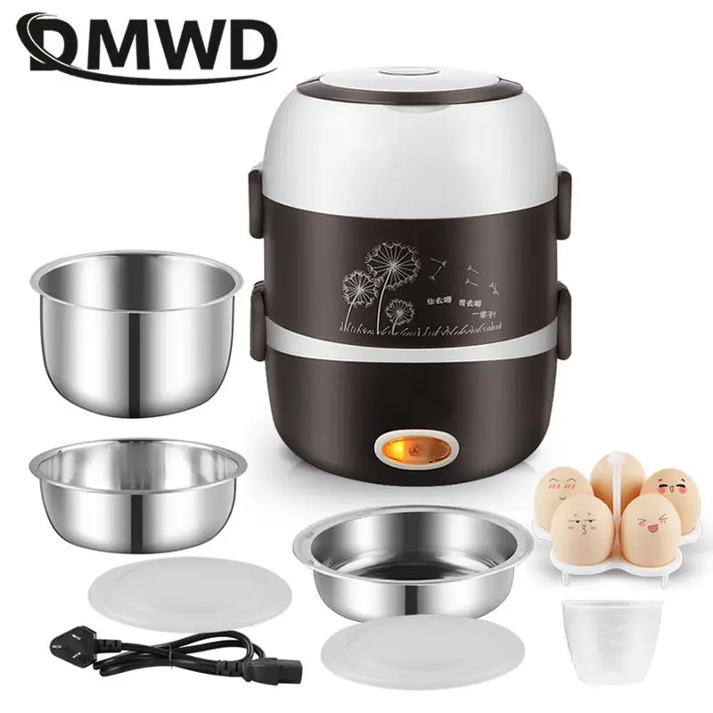 DMWD Electric Mini rice cooker 2/3 layers stainless steel liner portable egg boiler steamer food warmer lunch box multicooker 2L