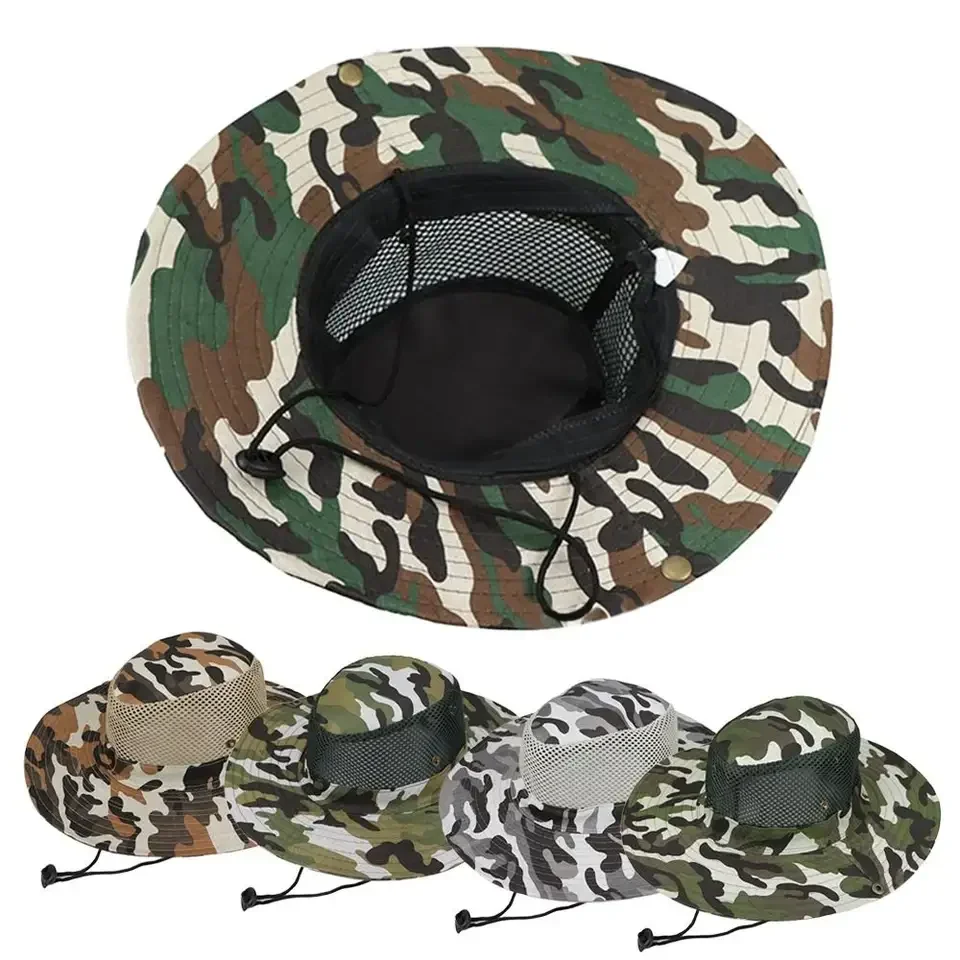 Camouflage Mesh Bucket Hats Wide Brim Beach Hat UV Protection Breathable Hunting Fishing Climbing Hiking Hat Outdoor Sun Hat