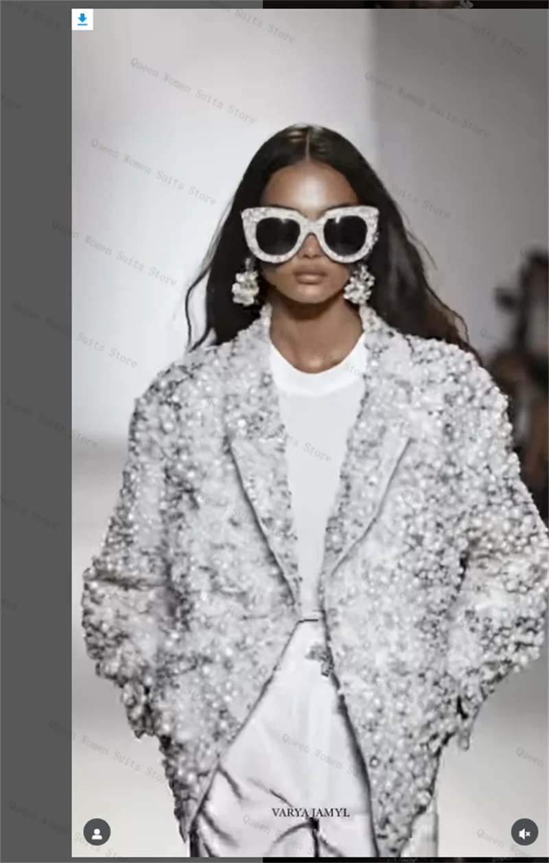 

Silver Women Suit 1 Piece Blazer Luxury Pearls Crystals Formal Office Lady Jacket Cotton Wedding Tuxedos Coat Customized