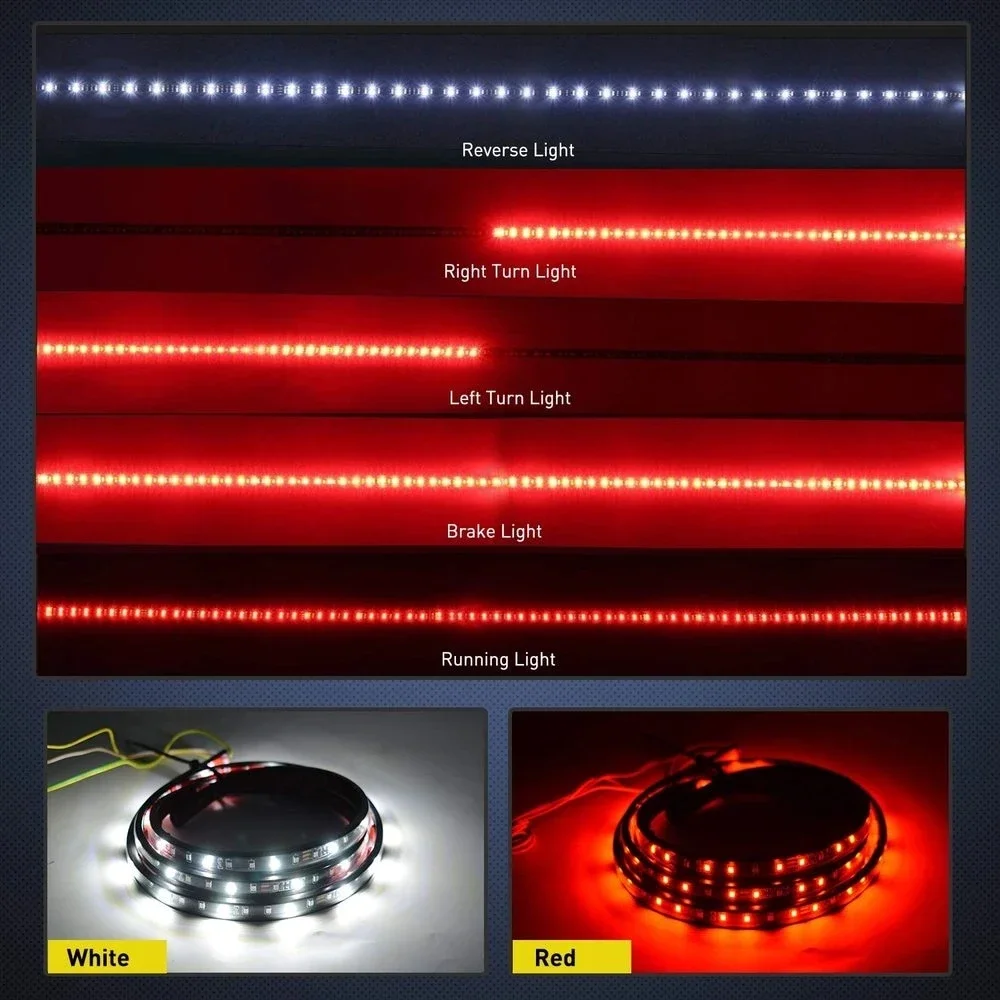 60 inch Truck Tailgate Light Bar Three Color LED High Brightness Reverse Brake Turn Signal Tail Lights Four Row Warning Lamp 12v