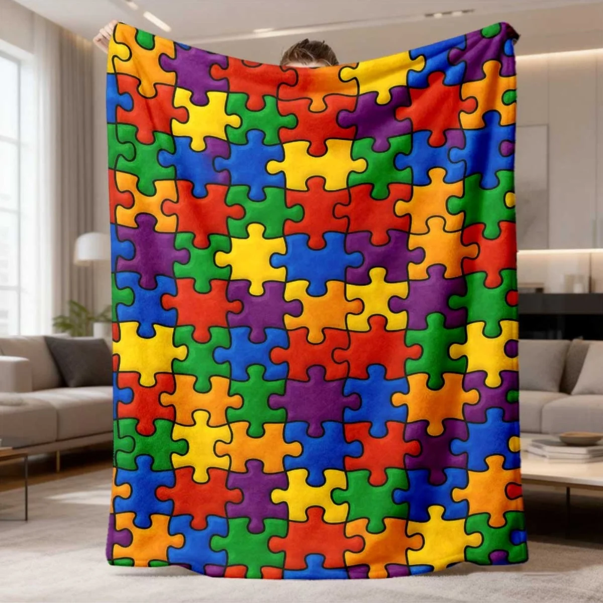 2026 New Flannel Blanket Arrival 1pc Extra Soft & Warm Plush Jigsaw Puzzle Blanket All-Season Cozy Throw Featuring a Multicolor