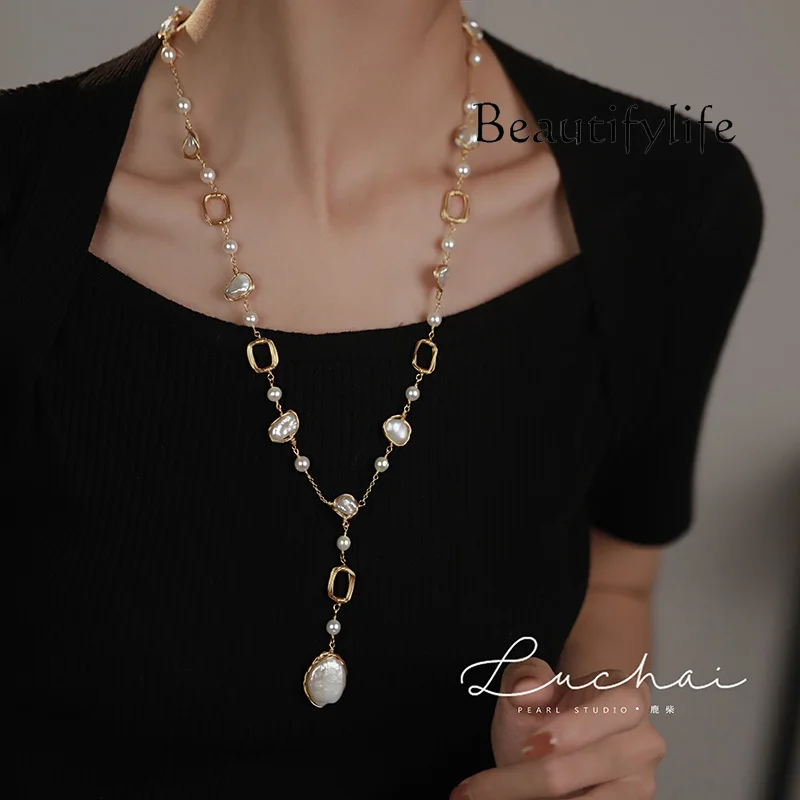 Special-shaped pearl pendant necklace light luxury niche long sweater chain high-end long necklace women