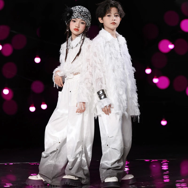 Bühne Kostüm Street Dance Jungen Mädchen Kleidung Jazz Dance Langarm Feder Hemd Hosen Anzug Hip-hop Outfits Kleidung DQL9973