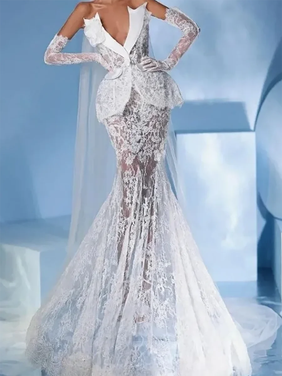 رائعة الخامس الرقبة يزين أكمام الديكور حورية البحر فساتين زفاف العروس أثواب الزفاف حسب الطلب