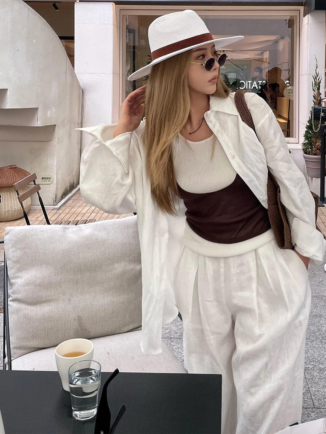 Women's Linen Shirt Set Loose Fit Layering Cardigan Long Pants Two-Piece Suit Casual Style Mid-Length Sleeve Button-Up Top