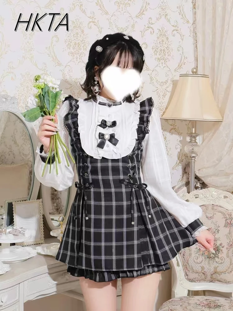 Estilo japonés nuevo Mine lazo de encaje lindo adelgazante de manga larga vestido a cuadros pantalones cortos conjuntos mujeres dulce vestido conjunto de dos piezas trajes