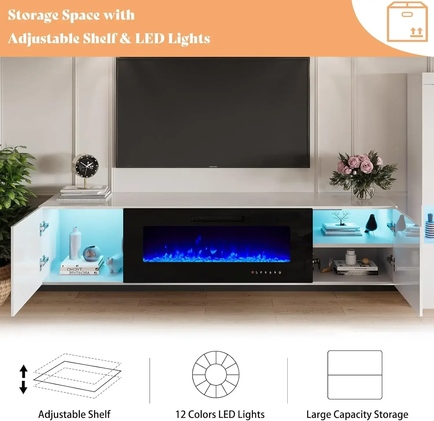 Floating Fireplace TV Stand, Wall Mounted Mirrored Entertainment Center with 40