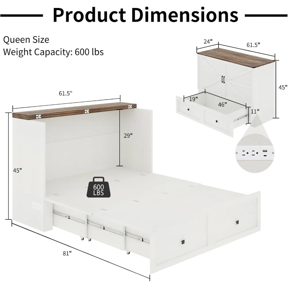 سرير ميرفي مع قاعدة شحن، سرير خزانة بحجم كوين مع درج تخزين كبير للمكتب المنزلي أو الغرفة الصغيرة، مخبأ #3