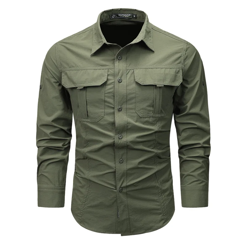 Men's UPF 50+ Fishing Shirts Casual Cargo Hiking Shirt Long Sleeve Button Down Tactical Shirts Men's Blouse for Working Hiking