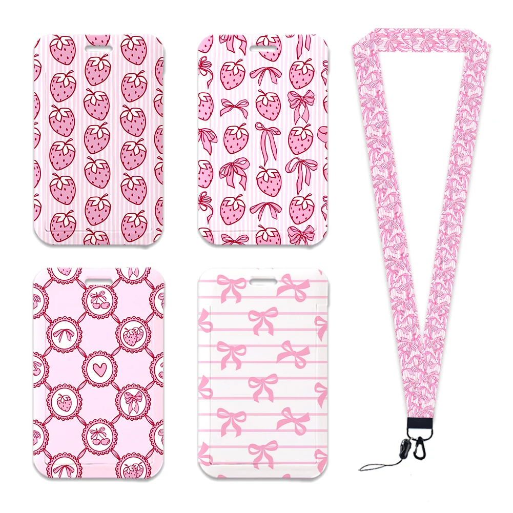 Pink Cartoon Bow Card Holder Neck Strap Glitter Acrylic Badge Reel Clip Heavy Duty Retractable Keychain Outdoor Hiking ID Badge
