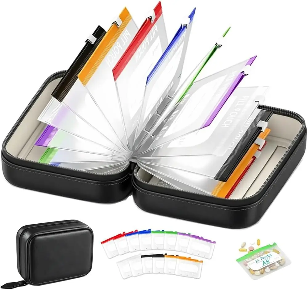 Travel Pill Storage Binder Organizer Case 14Pcs Color Coded Reusable Write on Pill Pouches Waterproof for Medicine Arrangement