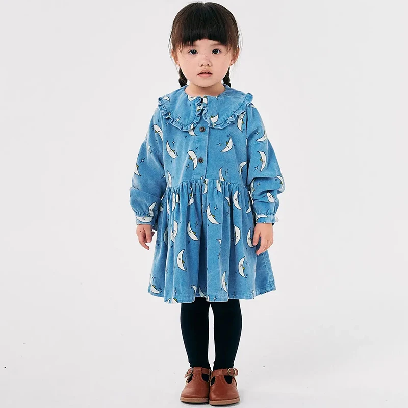 2024 New Autumn Winter Children Clothes Dress Girl Printed Casual Half Skirt Baby Girl Cute Blue Dress Girls Children\'s Clothing