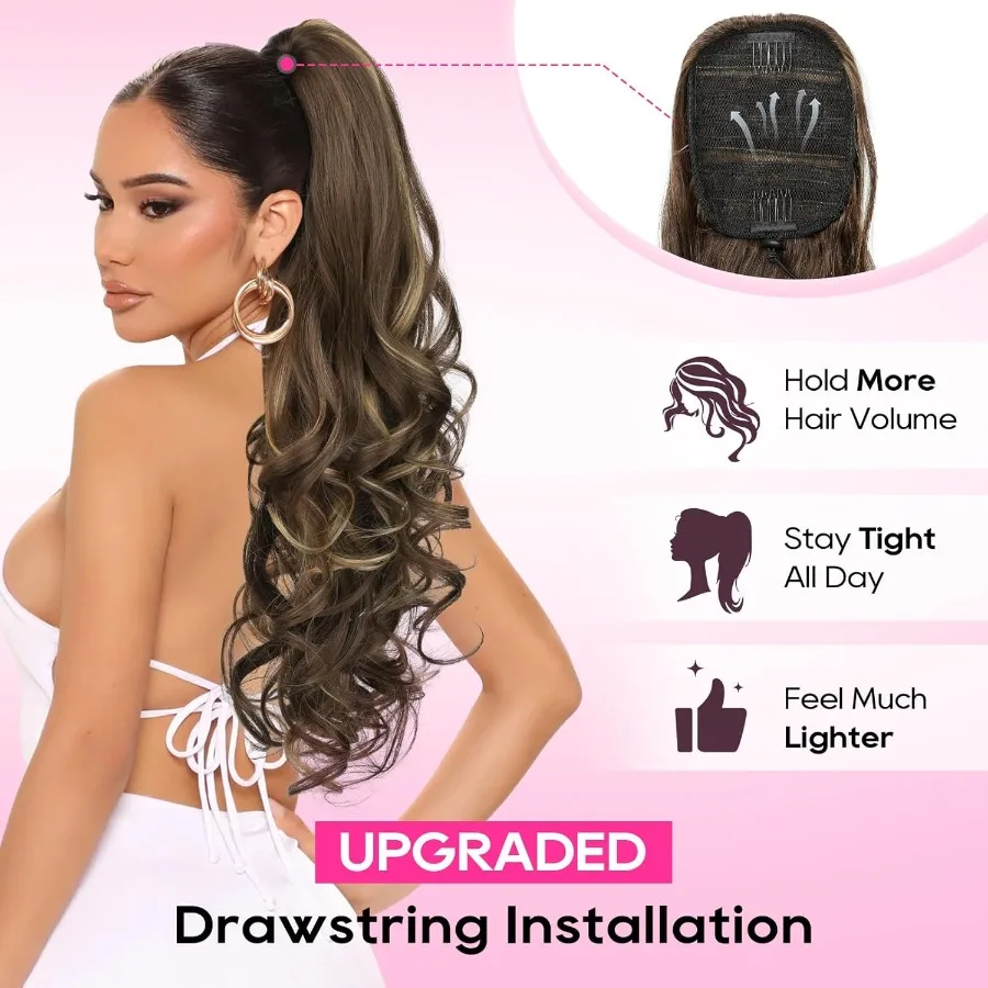 وصلة شعر على شكل ذيل حصان طويلة مجعدة ومموجة بطول 26 بوصة للنساء مع لون بني شوكولاتة داكنة ويبرز مثالية لـ D #3