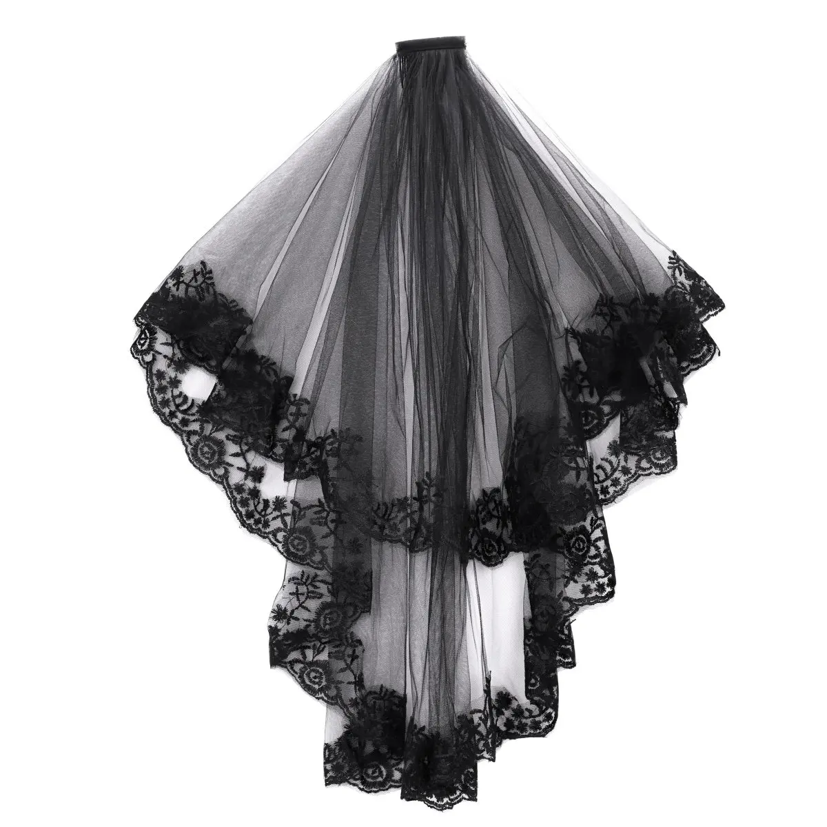 New Fashioned Black Lace Veil Bridal Veil with Comb Women Mantilla Costume Cosplay Party Creative 2 Tier Tulle Sheer Mesh Gothic