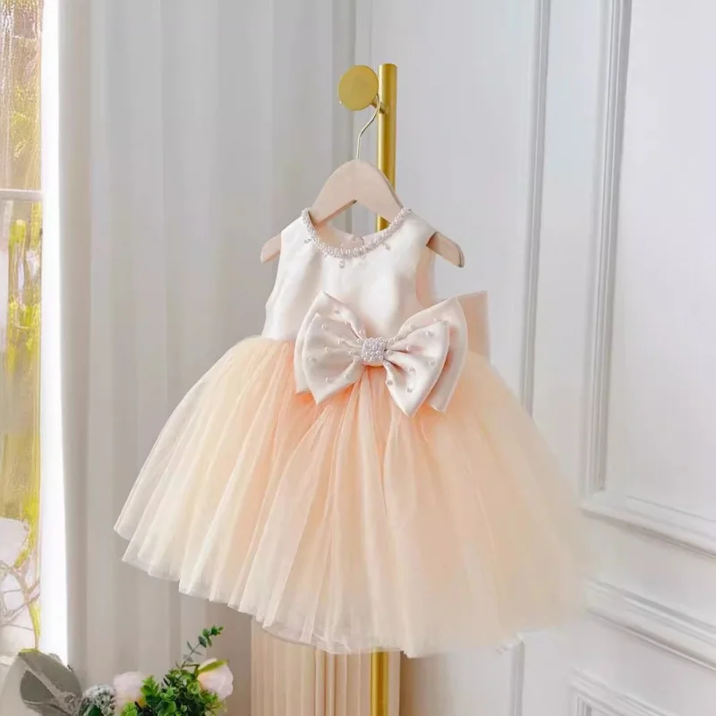 

Children's Dress for Girls Summer Long Sleeve Jacket Puffy Skirt Champagne Big Bow High Waist Mesh Skirt First Birthday