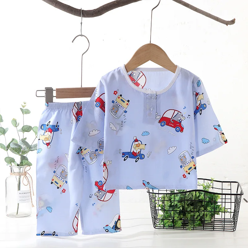 2023 New Children\'s Summer Pajamas Boys Girls Cotton Silk Three-quarter sleeve Suit Baby Thin Section Clothes Kids Home Clothe