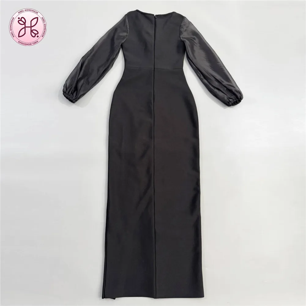 2025 Couture Beaded Gown - Deep V Neck Bandage Dress with Sheer Sleeves & Thigh Slit