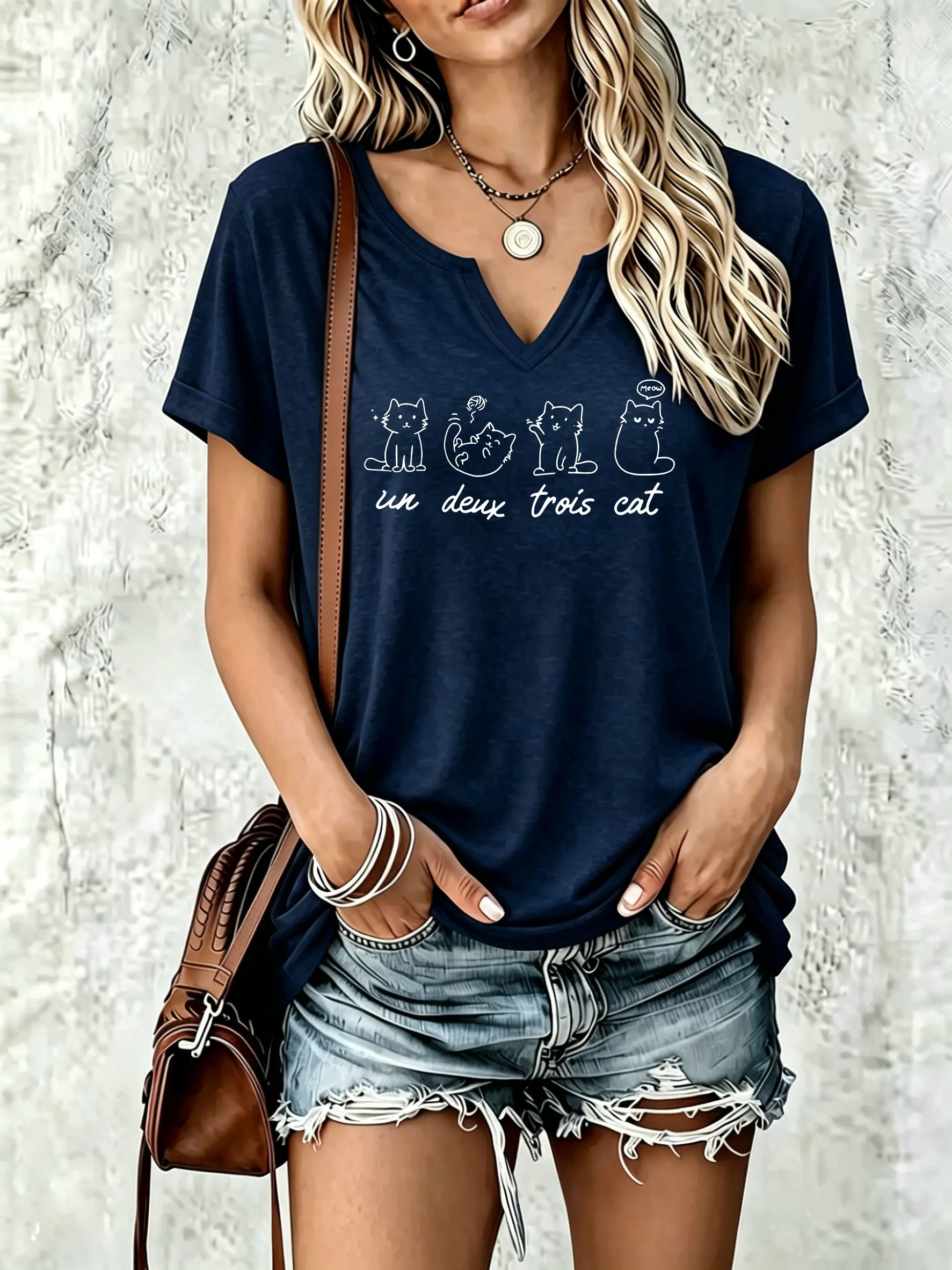 Damen-Sommer-T-Shirt mit V-Ausschnitt und kurzen Ärmeln, Un Deux Trois Cat Line Art Kitten Letter Graphic Print, lässiges, tägliches Damen-T-Shirt – Detail 5