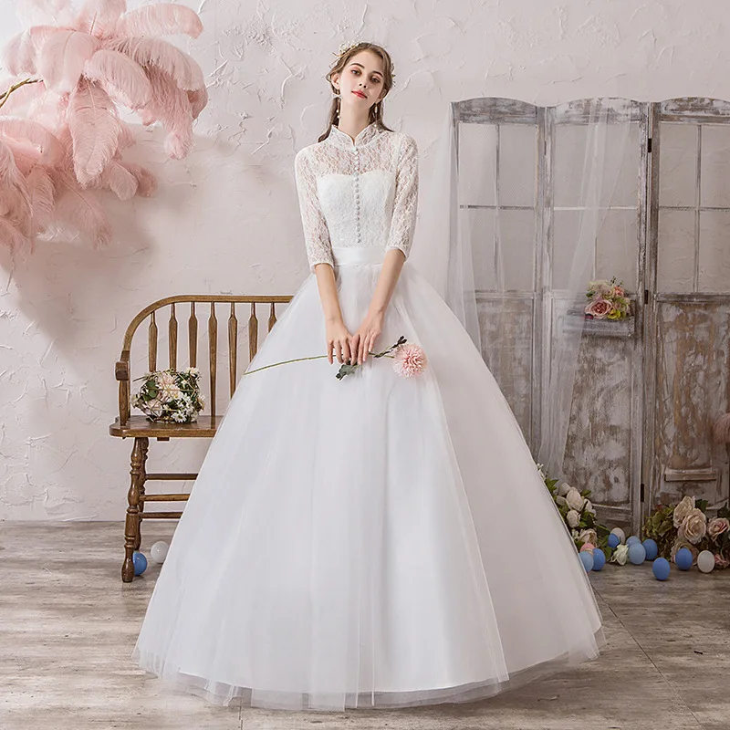 

Elegant Princess Floor-length Plus Size Women Bride Ball Gowns Stand-up Collar Wedding Party Dress Evening Dresses for Women