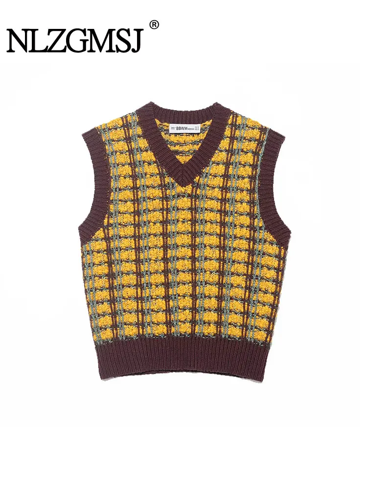 

NLZGMSJ женский модный свитер, жилет, осень 2022, новый клетчатый вязаный жилет с v-образным вырезом, женский повседневный свитер, жилет