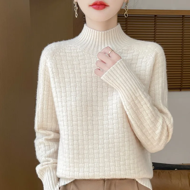 100% Pure Woolen Sweater Women's Half Turtleneck Autumn and Winter Small Checkered Cashmere Sweater With Loose Knit Base Top