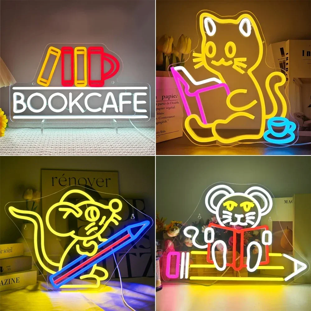 Cat Reading Neon Led Sign Mouse Read Book Wall Decor Light For Study Room Reading Room Library Dimmable Room Decoration USB