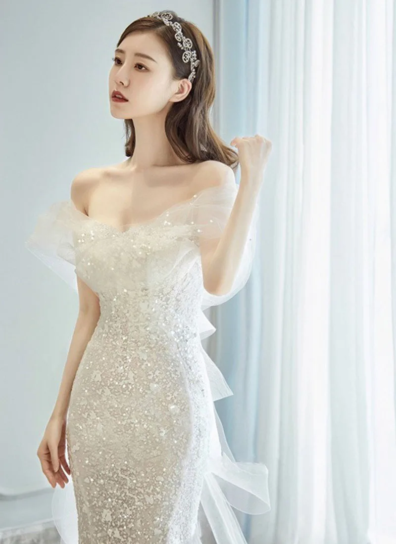 Vestidos de novia de cola de pez de lujo 2025, nuevo estilo, vestido de novia de hadas con lentejuelas de un solo hombro, vestido de noche