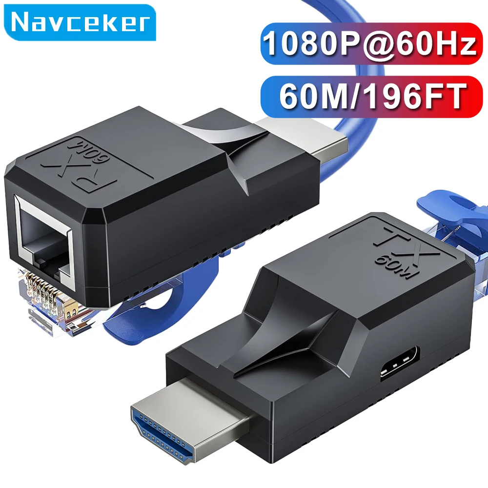 60M HDMI Extender over Single Rj45 Cat6 Cable 1080P HDMI Ethernet Extender Video Transmitter Adapter for PC Loptop HDTV Monitor