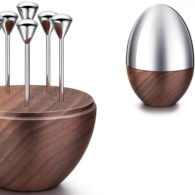 6pcs/Set Luxury Nordic Egg Shape Toothpick Holder Stainless Steel Restaurant Bar Decor Creative Walnut Wood Toothpicks Container