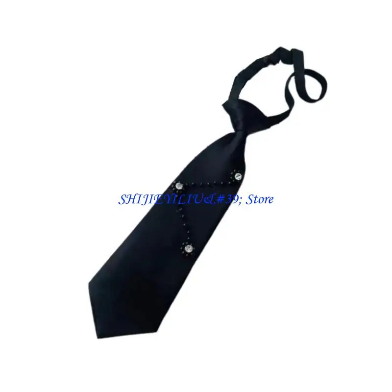 E21F Student Pre Tied Neck Ties Preepy Look Pretty Crystal Beaded Flower Dark Tie Cravat Vintage Neck Wear Accessories