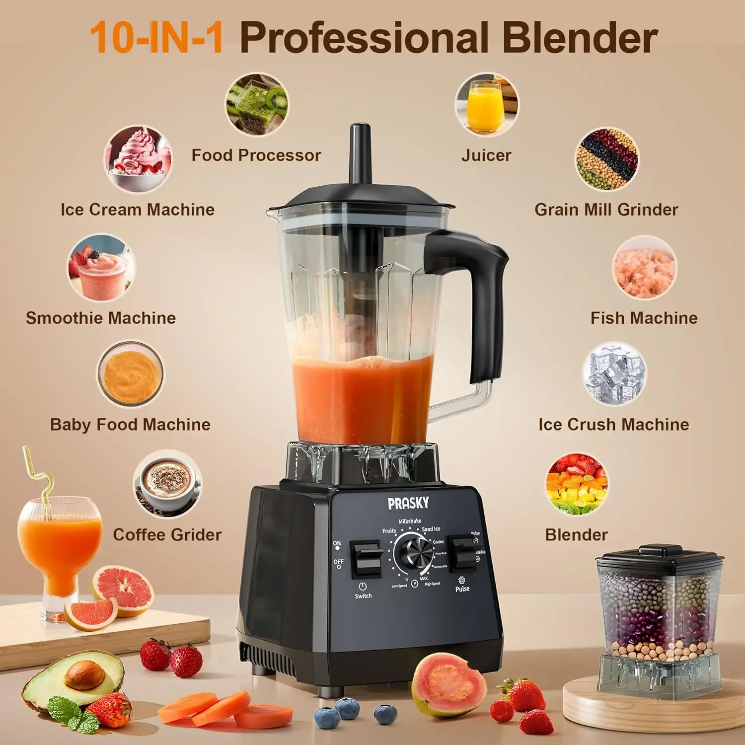 Blender,Smoothies Blenders, PRASKY Max.2400Watts/1000Watts Blender and Grinder Combo 25000RPM Powerful Kitchen Blender 68oz BPA