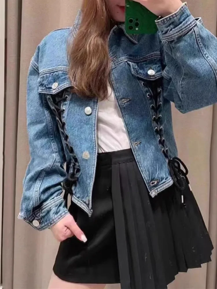 

Women Lace-up Denim Jacket Turn-down Collar Long Sleeve Single Breasted Fashion Female Coat