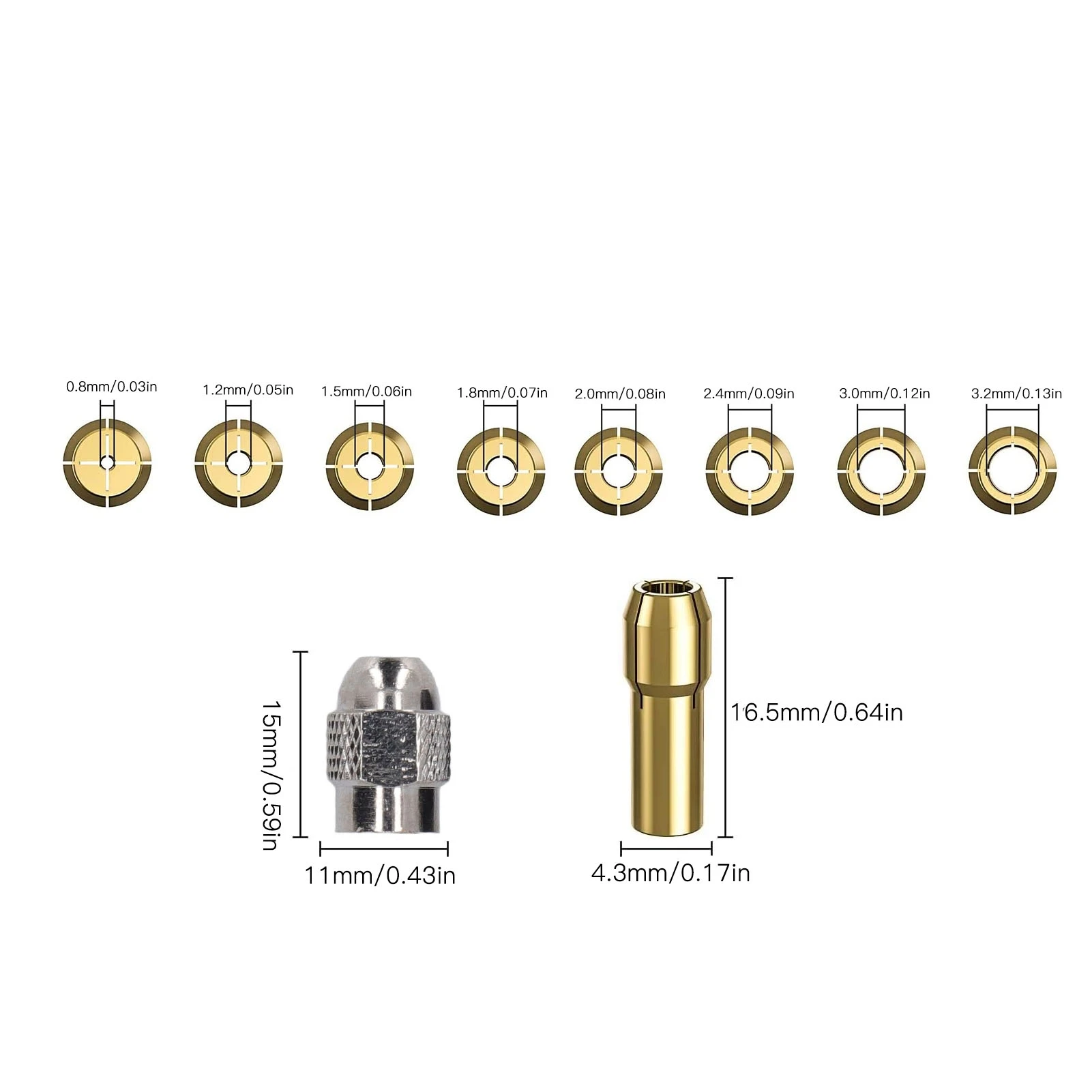 Drill Chuck Collet Set 1/32in To 1/8in Rotary Tool Keyless Chuck Adapter with 8 Sizes of Brass Collet and Nut for Dremel 4