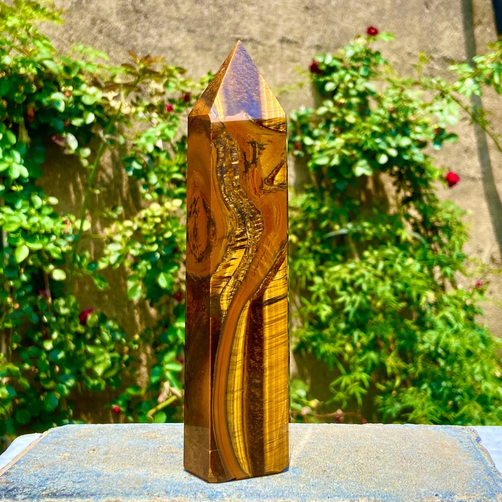 Natural Formed!  Yellow Tiger's Eye Obelisk, Quartz Crystal Tiger's Eye Rock Column, Mineral Point Wand Healing