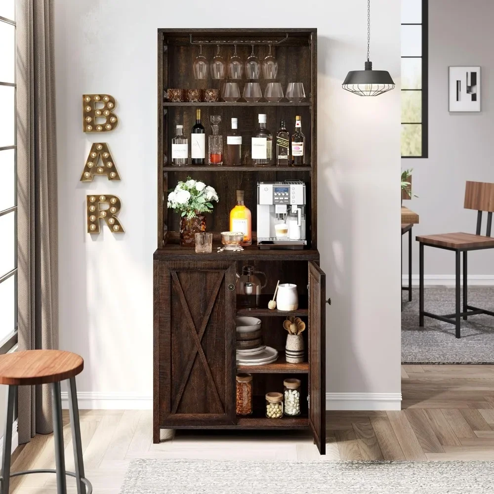 67" Wine Bar Cabinet for Liquor and Glasses, Kitchen Cabinets Coffee Bar with Adjustable Shelves, Open Storage Shelves