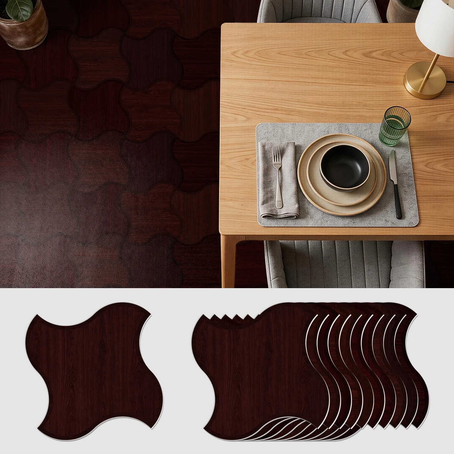 Deep Walnut Wood Wave Shape Peel and Stick Tiles 10-50Pcs 11.81inch Water Resistant Flooring Decals for Bath