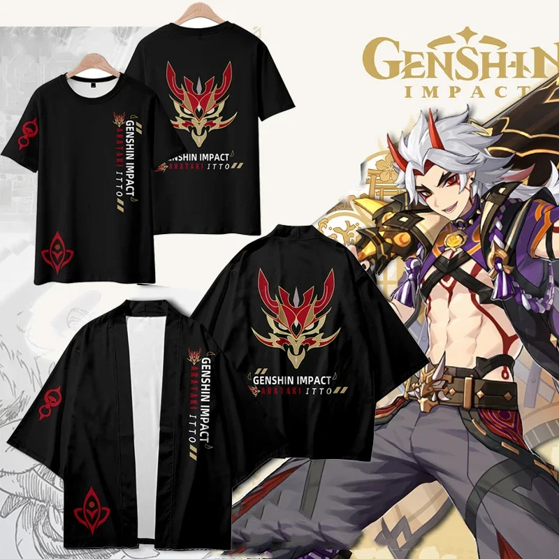 Genshin Impact Arataki Itto Cosplay Tops T Shirt and Shorts Pants Costume Kimono Shirt Haori Cape Summer Cool Streetwear