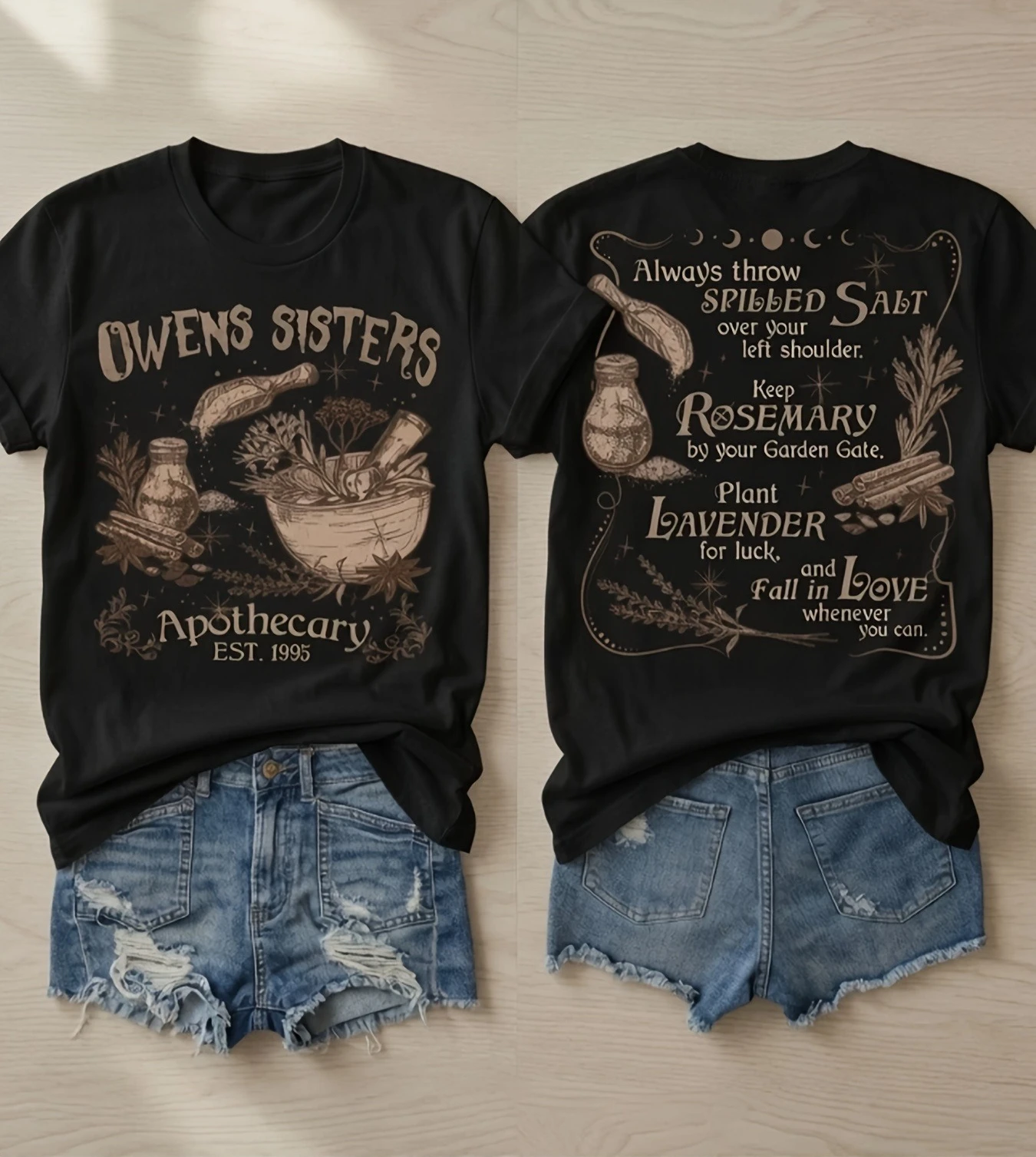 Herbal Magic T-Shirt Owens Sisters Spell Book Design Black Hip Hop Trendy Retro T-Shirt Suitable for Concerts All Seasons